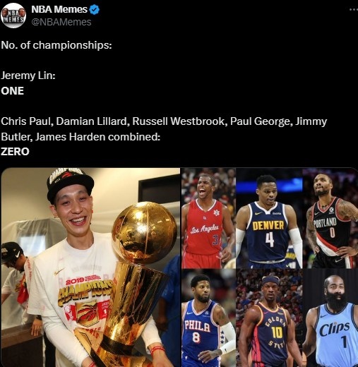 美媒调侃：哈登&amp;保罗&amp;利拉德&amp;威少&amp;乔治等加起来0冠 林书豪有一冠